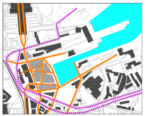 Kehtiva detailplaneeringu hoonestus seitsme hoonega (märgitud halliga). Jalgteede võrgustik (oranž) on juhuslik, suunatud Sadamarketi ette. Raskeliiklus (lilla punktiir) lõikab sadamaala ära nii vanalinnast kui ka Rotermanni kvartalist.